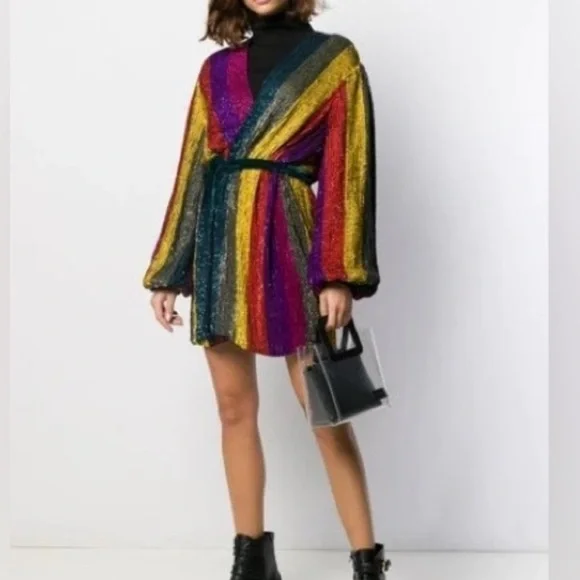 NWT RETROFETE GABRIELLE SEQUIN ROBE DRESS MULTI STRIPE SIZE MEDIUM - Picture 2 of 9
